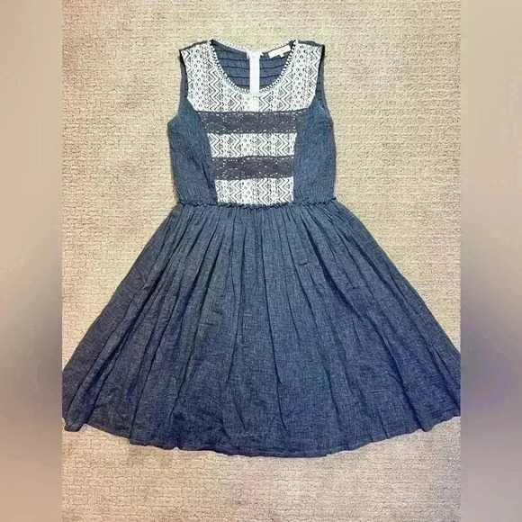Anthropology Ryu chambray and lace sleeveless dress women’s size small lined - Picture 1 of 11